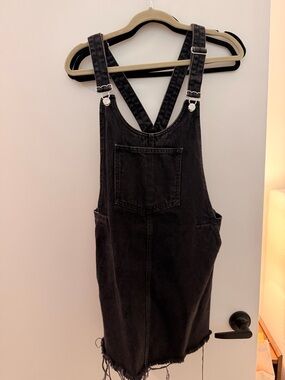 Black Denim Overall Dress with Frayed Hem